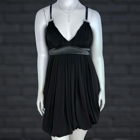 City Triangles Dresses & Skirts - Y2K Black Rhinestone Strap Mini Dress 7/8 Bubble Hem Cocktail Party Clubwear LBD